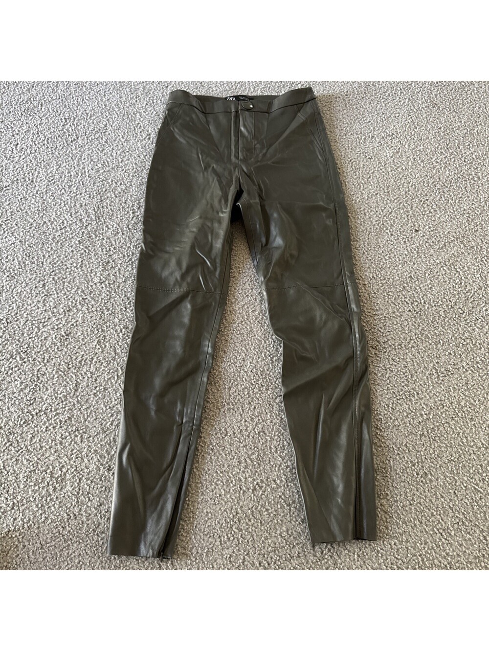 ZARA Faux Leather Leggings Size S Gray Side Zip Pants Stretch